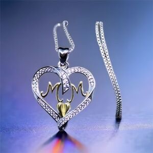 New Sterling Silver Mom Heart Pendant, Gold Vermeil Accent, Cubic Zirconia